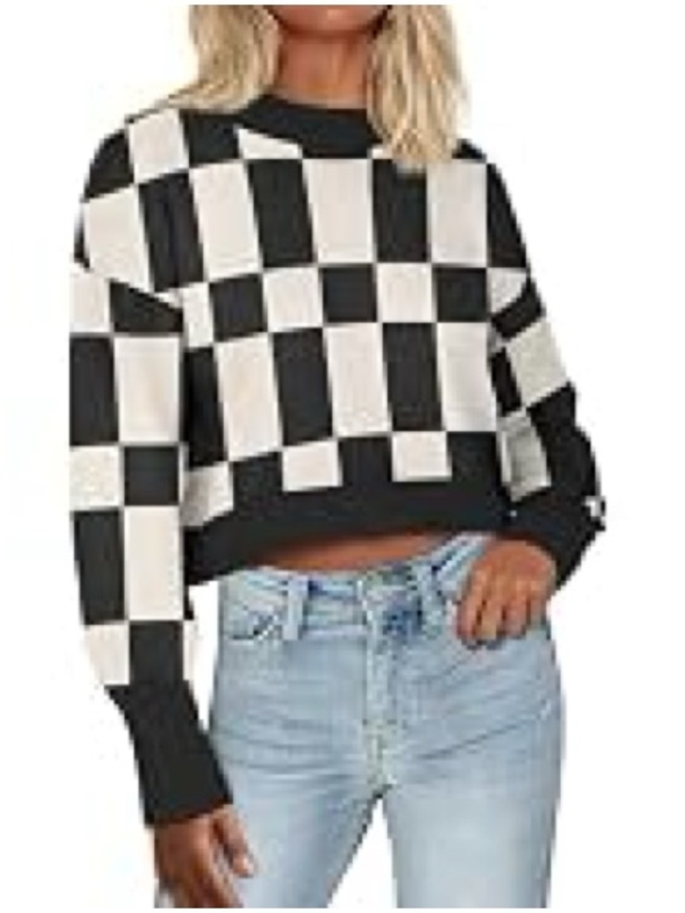 New Zeagoo Black White Checker Print Crew Neck Cropped Sweater Size Small